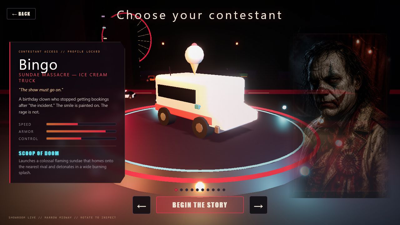 Steel Carnival contestant selection screen featuring Bingo and his ice cream truck