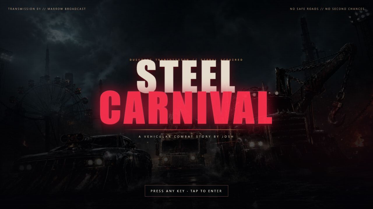 Steel Carnival title screen with armed vehicles in stormy Duskport